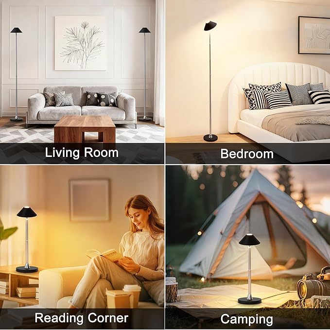 Rechargeable Floor Lamp for Indoor/Outdoor, Cordless Tall Standing Lamp with 3 Color Temps & Dimmable, IP43 Waterproof, Adjustable Height 16-56 Inch, Portable Pull-Up Lamp for Camping, Patio(Black)