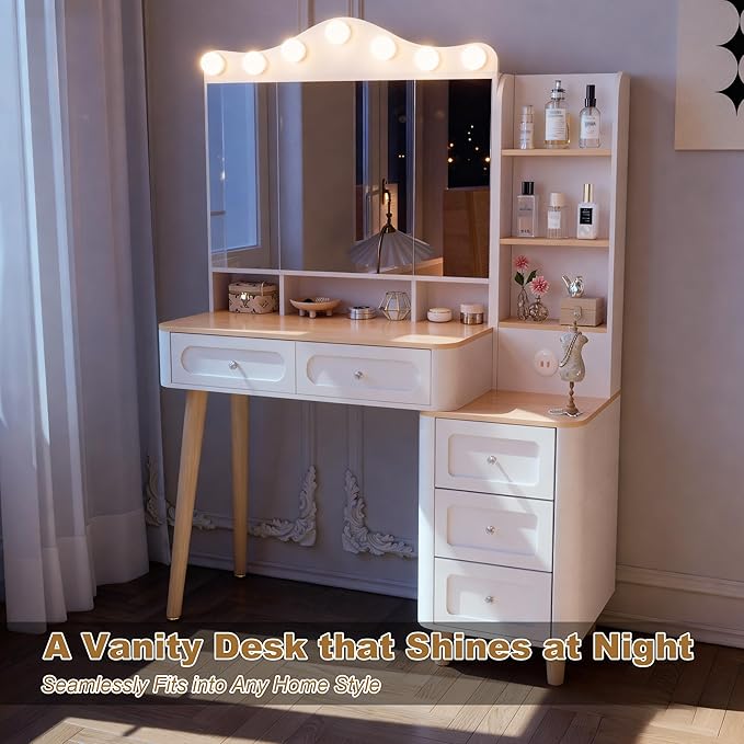 【Hanuq】 Vanity Desk with Mirror and Lights,Makeup Vanity with 2 USB Power Strip,Vanity Set with Two Drawers and Three-Drawer Chest,3 Lighting Modes Adjustable Brightness,Foldable Three-Sided Mirror