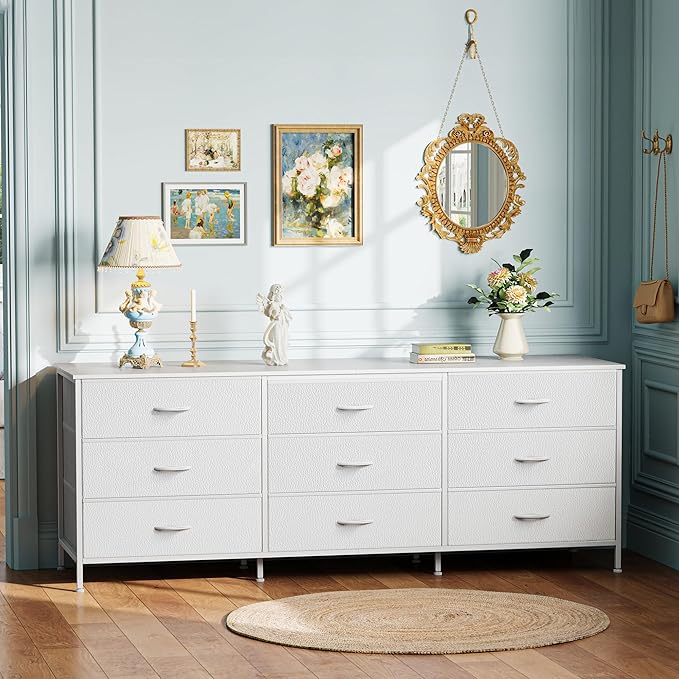 Huuger 63 Inch Dresser for Bedroom, Dresser for Closet with 9 Drawers, Large TV Stand for 55, 65, 70 Inch TV, Entertainment Center with Storage, Wide Long Chest of Drawers, White