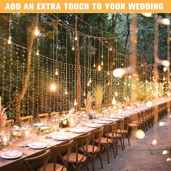 JMEXSUSS 600 LED Curtain Lights Outdoor, 9.5ft x 19.6ft Window Hanging Lights with Remote, Plug in, 8 Modes, Indoor String Lights for Bedroom, Wall, Xmas, Party, Backdrop, Wedding Decor, Warm White