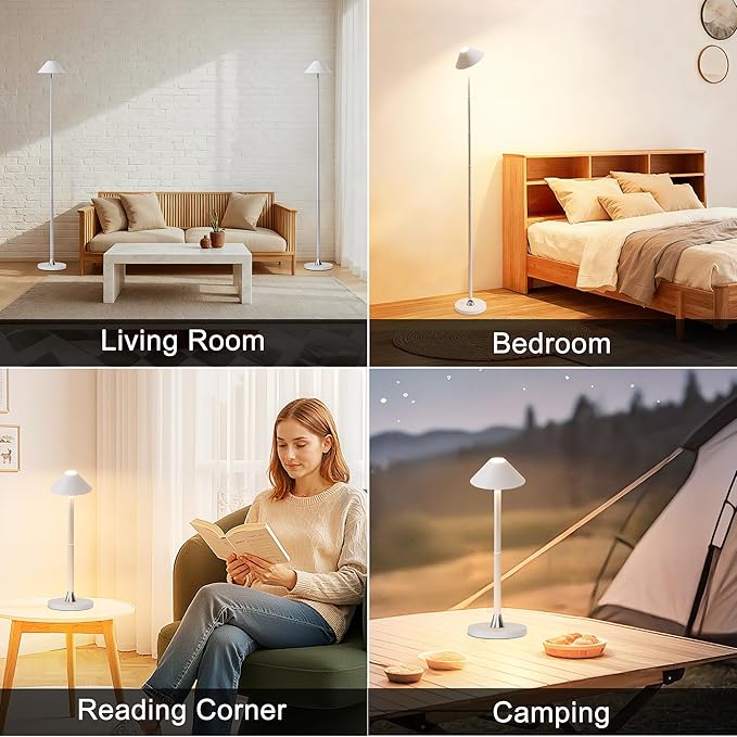 Rechargeable Floor Lamp for Indoor/Outdoor, Cordless Tall Standing Lamp with 3 Color Temps & Dimmable, IP43 Waterproof, Adjustable Height 16-56 Inch, Portable Pull-Up Lamp for Camping, Patio(White)