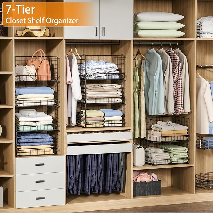 Yociyoga 7-Tier Stackable Closet Organizers and Storage Shelves, Foldable Closet Shelf Organizer System, Stackable Storage Bins Drawers for Closet Organizer System, Black(Patent Pending)