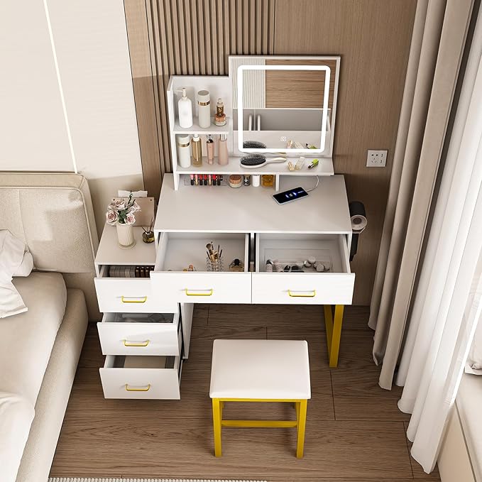 Makeup Vanity Desk with Mirror and Lights, Makeup Vanity Set with 5 Drawers, Upholstered Vanity Stool, Dressing Table for Bedroom, White and Yellow