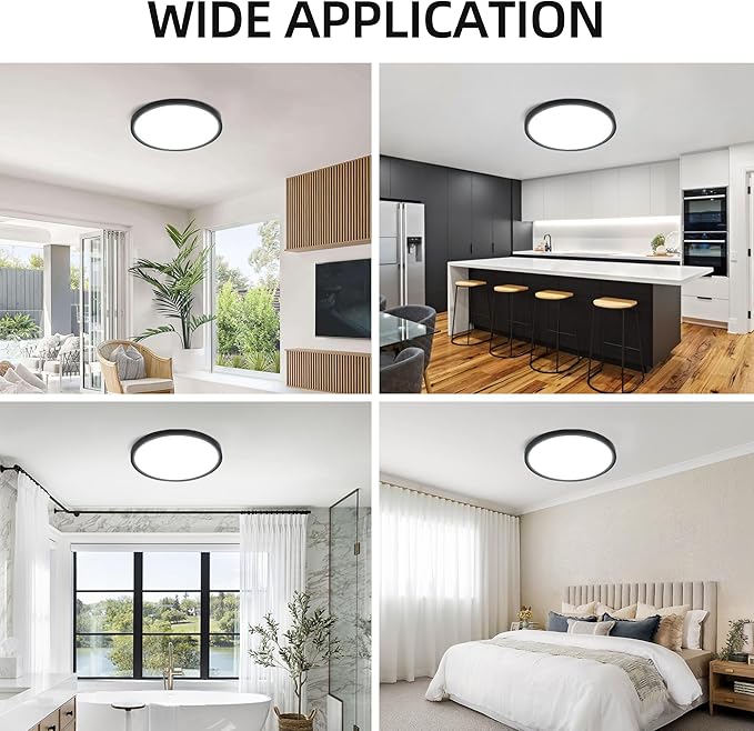 hykolity 2 Pack 12 Inch Selectable CCT LED Round Flat Panel Light, 24W, 3000K/4000K/5000K, Edge-Lit Flush Mount Ceiling Light Fixture for Kitchen, Bedroom and Closet Room, Black