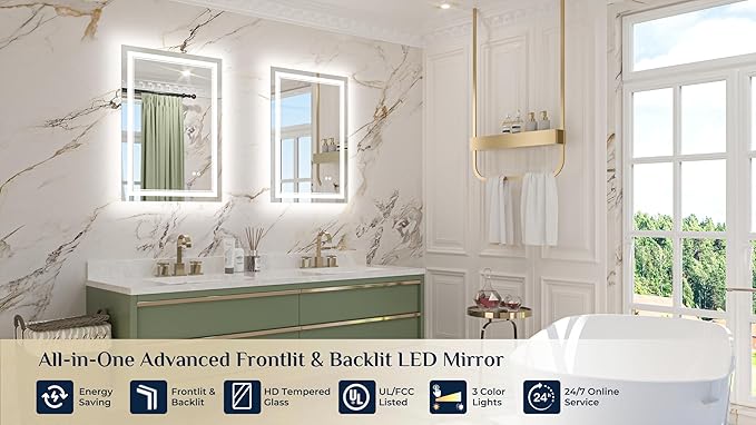 Keonjinn 22" x 32" Lighted Mirrors for Bathroom Wall, Frontlit & Backlit LED Bathroom Mirror, Tempered Glass, 3 Color Lights, Dimmabled, UL-Listed LED Driver, Anti-Fog, Smart Bathroom Vanity Mirror