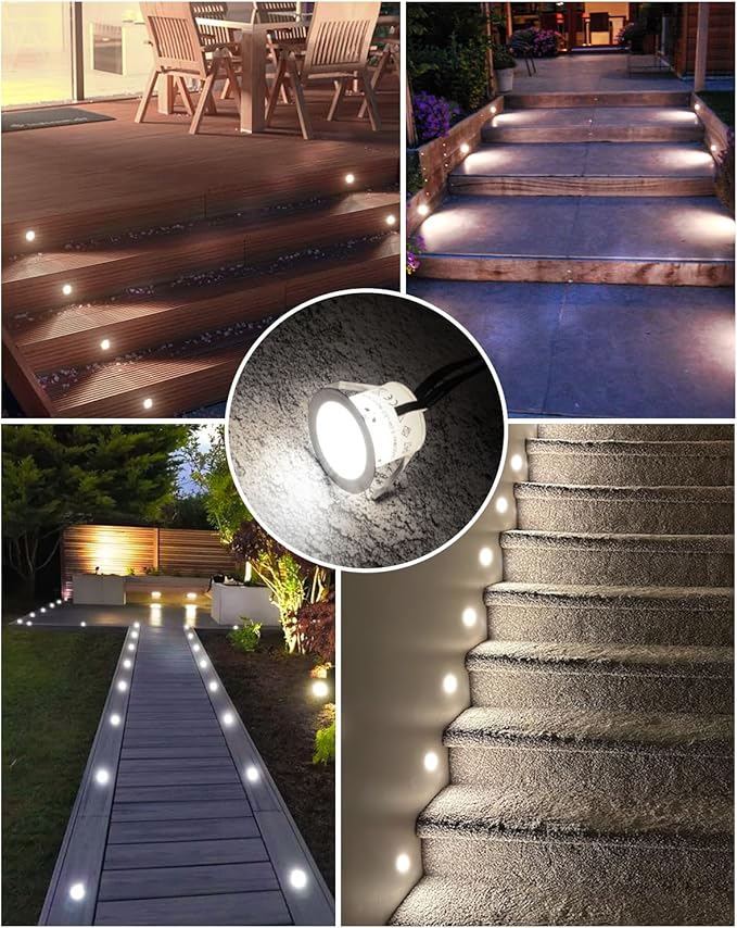 HIBOITEC Recessed LED Deck Light Kits(16 Pack) 12V Low Voltage Landscape Lighting IP67 Waterproof Outdoor Step Stair Lights Deck Lighting for Garden Steps Stair Patio Floor Decoration, White