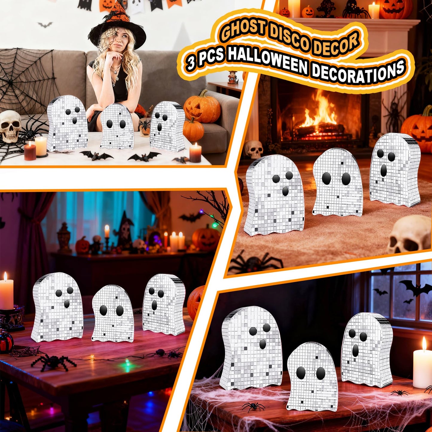 3 Pcs Halloween Disco Ghost Decor,5.9" 7"" 8.2"" Ghost Mirror Disco Ball Indoor Glitter Spooky Ghost Sign Halloween Tiered Tray Decor Mosaic Table Centerpiece for Party Gift (Silver)"