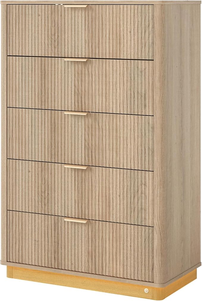 Fluted Dresser for Bedroom with 5 Drawers, 31.5" Wide Modern Chest of Drawers with Lighting, Wooden Dresser TV Stand with Curved Edges, Closet Organizer for Living Room, Hallway,Natural