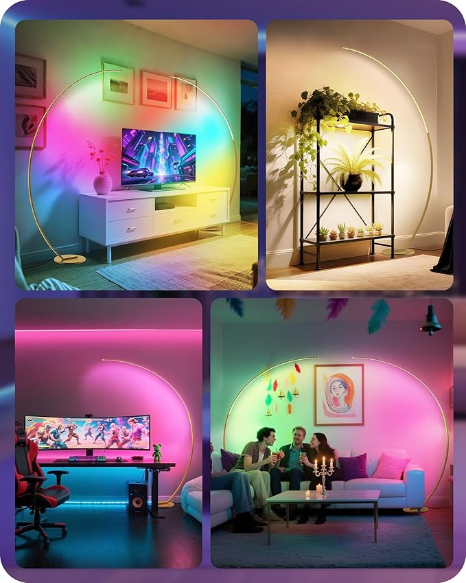RGBW Floor Lamp, 75 inch Standing Tall Lamp, Dimmable Arc Floor Lamp for Living Room with Foot and Remote Control, 18 DIY Colors, 3000K-6000K White, Color Changing Ambient Light, Gold RD62LD05