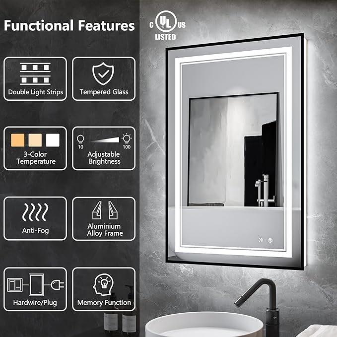 LED Bathroom Mirror with Front and Backlit 24"x36", Black Frame, Wall Mounted, Dual LED Strips, Fogless, Dimmable, 3 Color Changing, Shatterproof, Horizontal/Vertical