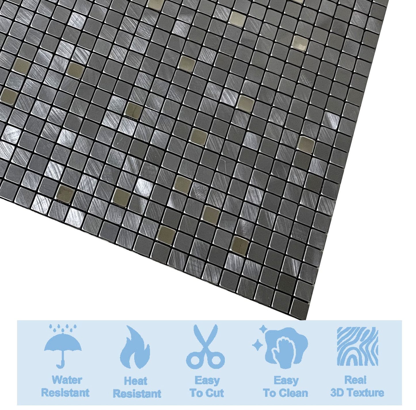 XUANINY 10-Piece Peel and Stick Backsplash for Kitchen Aluminum 3D Wall Sticker Panel Self-Adhesive Metal Mosaic Tile (11.41"x11.41""Grey)"