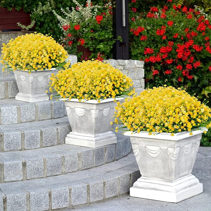 Ouddy Decor 24 Bundles Artificial Flowers for Outdoors UV Resistant Fake Plastic Plants Faux Boston Fern Greenery Stems for Spring Summer Indoor Garden Patio Window Box Kitchen Home Decor, Yellow