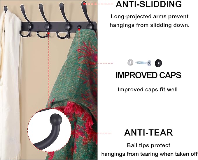 Dseap Coat Rack Wall Mounted - 5 Tri Hooks, Heavy Duty, Stainless Steel, Metal Coat Hook Rail for Coat Hat Towel Purse Robes Mudroom Bathroom Entryway (Rose Gold, Pack of 2)