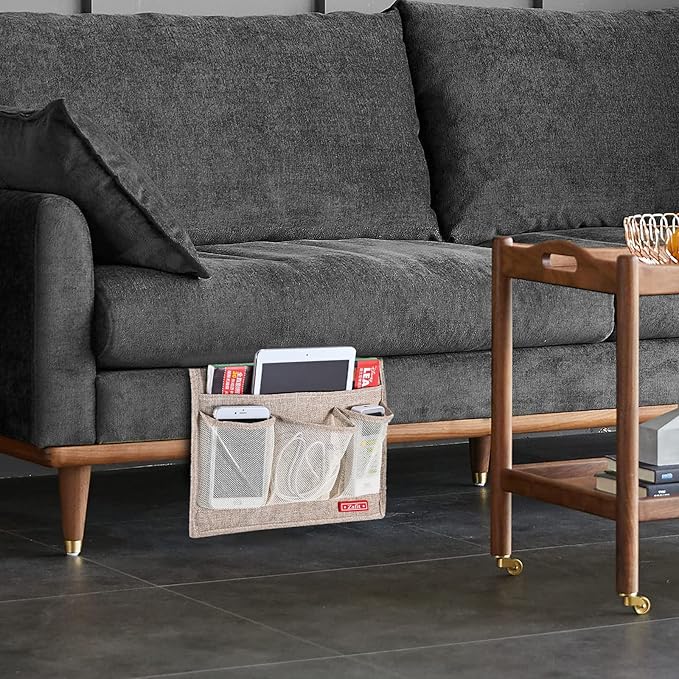 Linen 4 Pockets Bedside Caddy, Bedside Storage Organizer for Magazine, Remotes, Phone (Beige, Classic 4 Pockets)