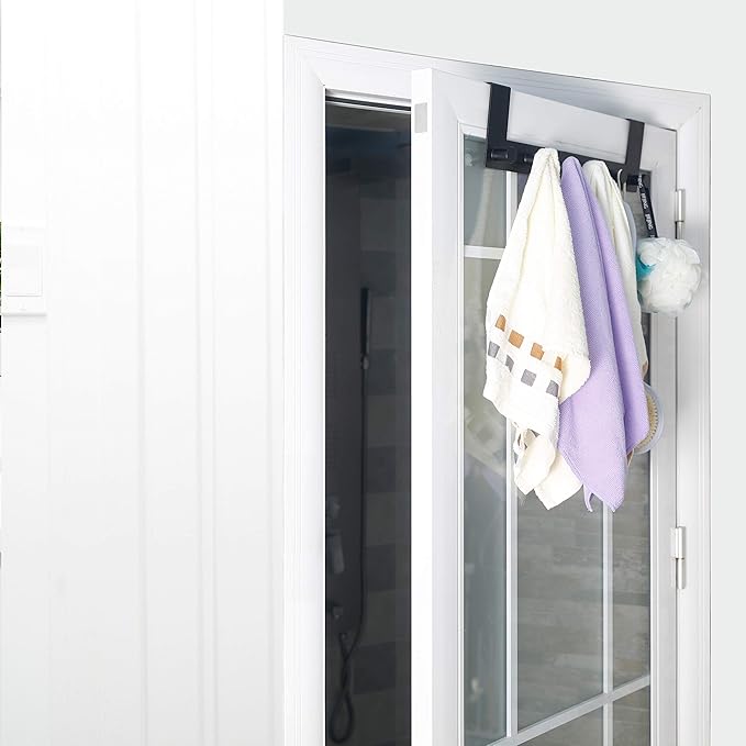WEBI Over The Door Hooks,Over Door Towel Rack with 6 Peg Hooks for Hanging,Door Coat Hanger Door Coat Rack for Behind Back of Bathroom,Black