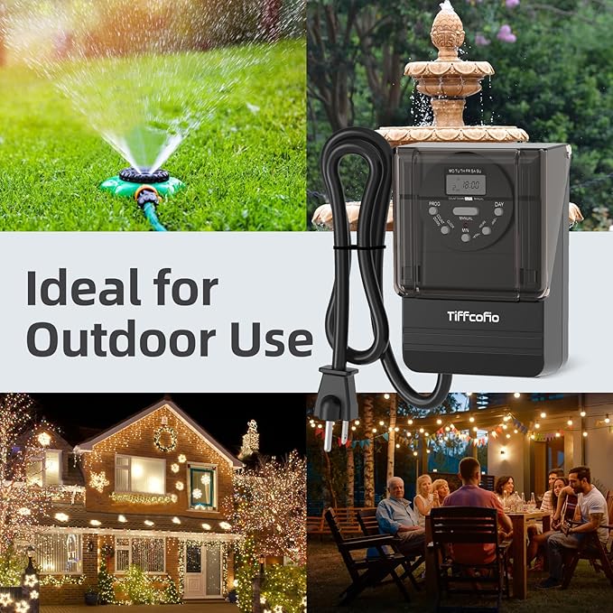 TiFFCOFiO Outdoor Digital Light Timer Outlet, 7 Day Programmable Plug in Timers for Electrical Outlets, 2 Grounded Outlets for Outdoor Lightings, ETL Listed