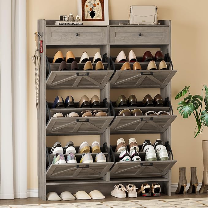 Shoe Cabinet for Entryway, Farmhouse Shoe Storage Cabinet with 6 Flip Drawers and 2 Top Drawers, Tall Narrow Shoe Organizer Cabinet with Adjustable Shelves, Side Hooks and Anti-Tip Kit