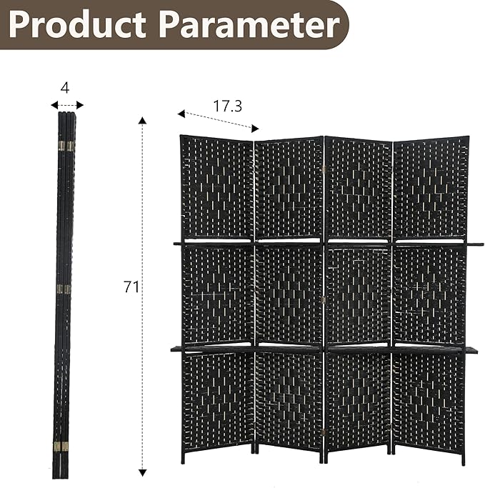 Room divider 4 panel Room Screen Divider Wooden Screen Folding Portable Partition Screen Wood with Removable Storage Shelves Color,Black