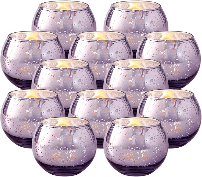 Volens Round Purple Votive Candle Holders Set of 12, Purple Wedding Centerpiece Table Decorations, Mercury Glass Tealight Candle Holder for Bridal Shower, Baby Shower & Home Decor
