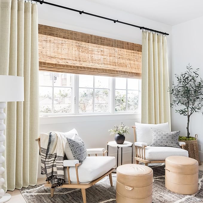 RYB HOME Living Room and Dining Room Curtains and Drapes Linen Sheer, Light Filtering Curtains 120 inches Long, Weave Textured/Rod Pocket, Cream Colored, W 52 x L 120 inches, 2 Panels Set