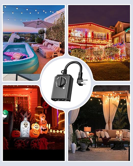 BN-LINK Outdoor Light Timer with Dusk to Dawn Sensor, Weatherproof Dual Grounded Outlets for Christmas Decorations, 15A 1/2HP ETL Listed(2 Pack)