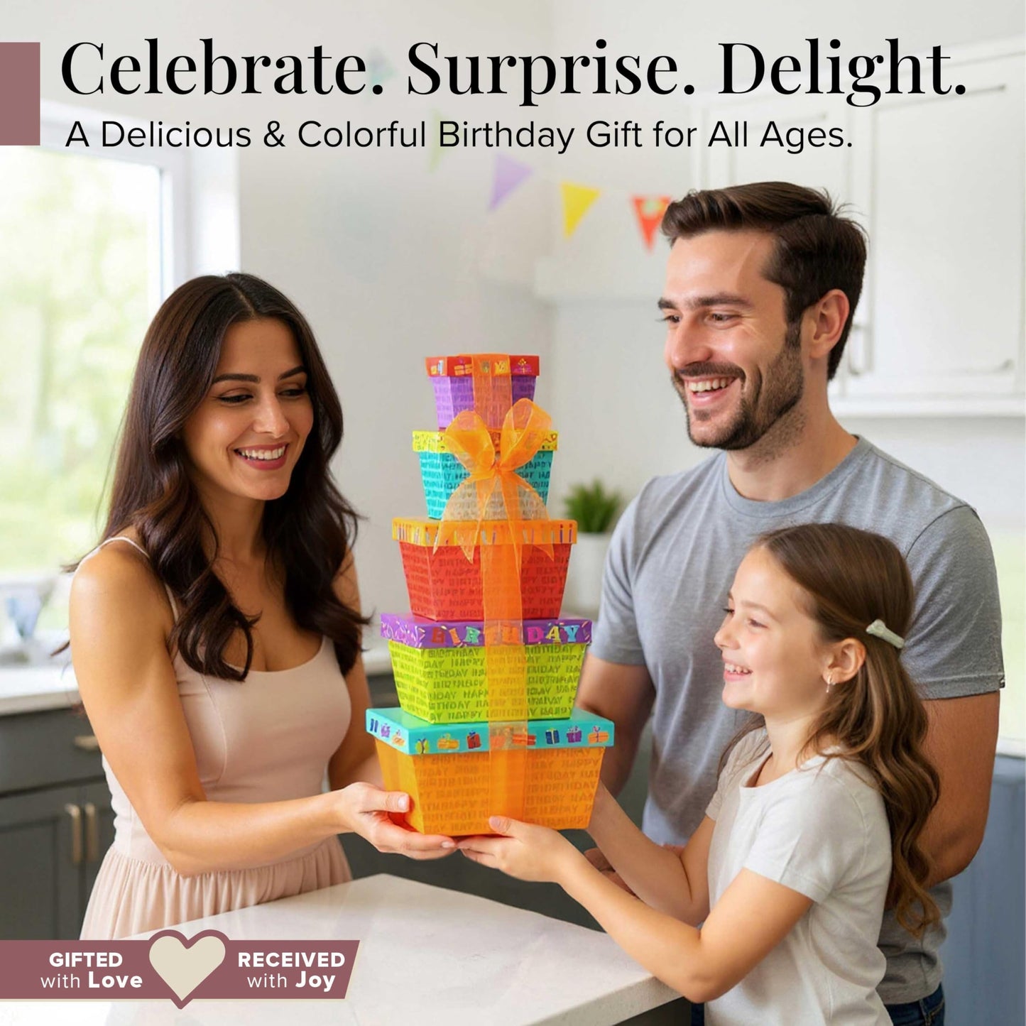 Broadway Basketeers Birthday Gift Basket Tower for Women, Men, Mom, Dad, Her, Him, Kids, Families – Curated Snack Box, Sweet and Savory Treats for Parties