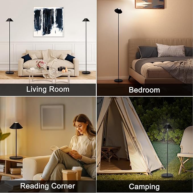 Rechargeable Floor Lamp for Indoor/Outdoor, Cordless Tall Standing Lamp with 3 Color Temps & Dimmable, IP43 Waterproof, Adjustable Height 16-59 Inch, LED Floor Lamp for Living Room, Patio(Black)