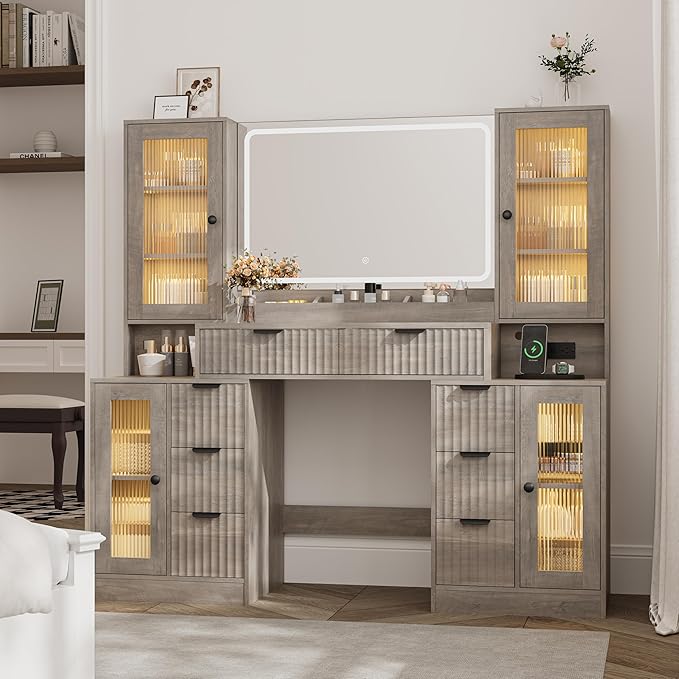 Fluted Makeup Vanity Desk with Mirror and Lights, 55" Glass Top Vanity with 8 Drawers & 4 RGB Glass Cabinets, Adjustable Shelves & Power Outlet, Modern Dressing Table Set for Women Girls Bedroom