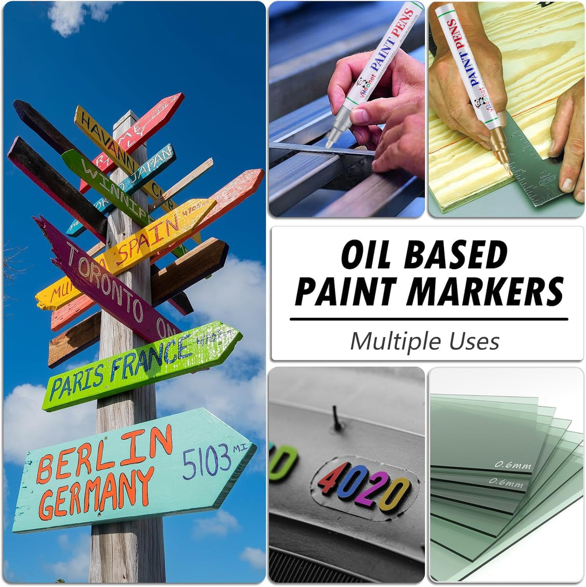 White Paint Pens marking pens Permanent Markers - 6 Pack Oil Based Waterproof Markers for Tire, Rubber,Wood, Rocks, Metal, Canvas,Plastic, Dark Surface,Craft office Supplies,Medium Point