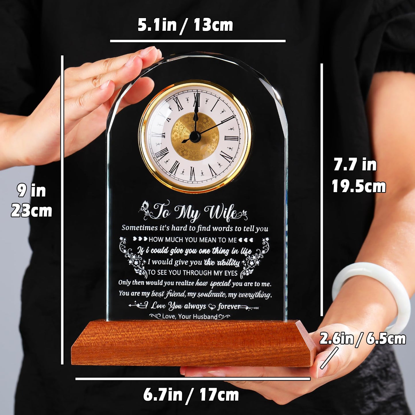 Arikyrist Glass Clock Gifts for Wife from Husband with Wooden Light Base, Personalized Gift for Wife Who Has Everything on Birthday Valentine's Day, Presents for Her on Christmas Home Desk Clock