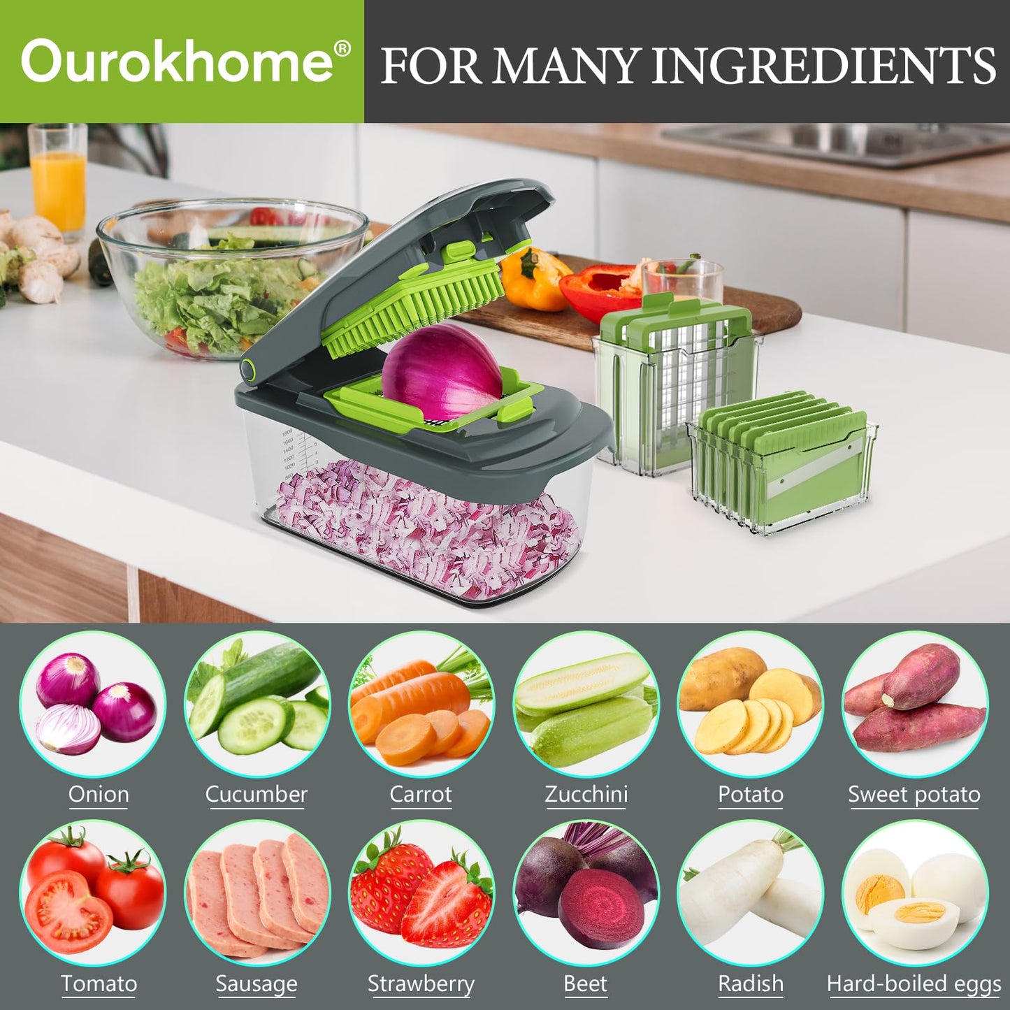 Ourokhome Food Chopper Manual Hand with Container, Mandolin Vegetable Slicer Onion Dicer with 8 Blades, Veggie Shredder for Potato, Tomato, Essential Kitchen Gadgets (8 in 1, Gray)