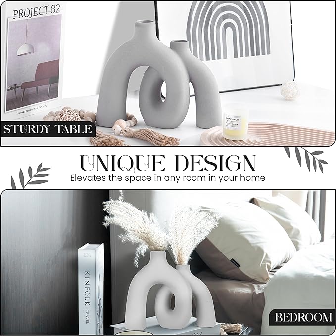 Ceramic Hug Vase (Soft Gray) Modern Donut Style Hugging Vases for Flowers Minimalist Decor – Hollow Ceramic Waterproof Home Decor Vases for Living Room, Bed Room, Book Shelf, Entryway Table.