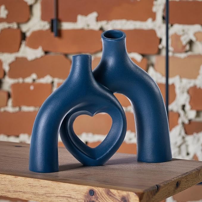 Snuggle Hollow Decorative Ceramic Vase, 8.3 Inch Hug Donut Modern Nordic Boho Style Vases for Aesthetic Home Decor, Anthropologie Living Room Shelf Coffee Table Décor (Navy Blue)