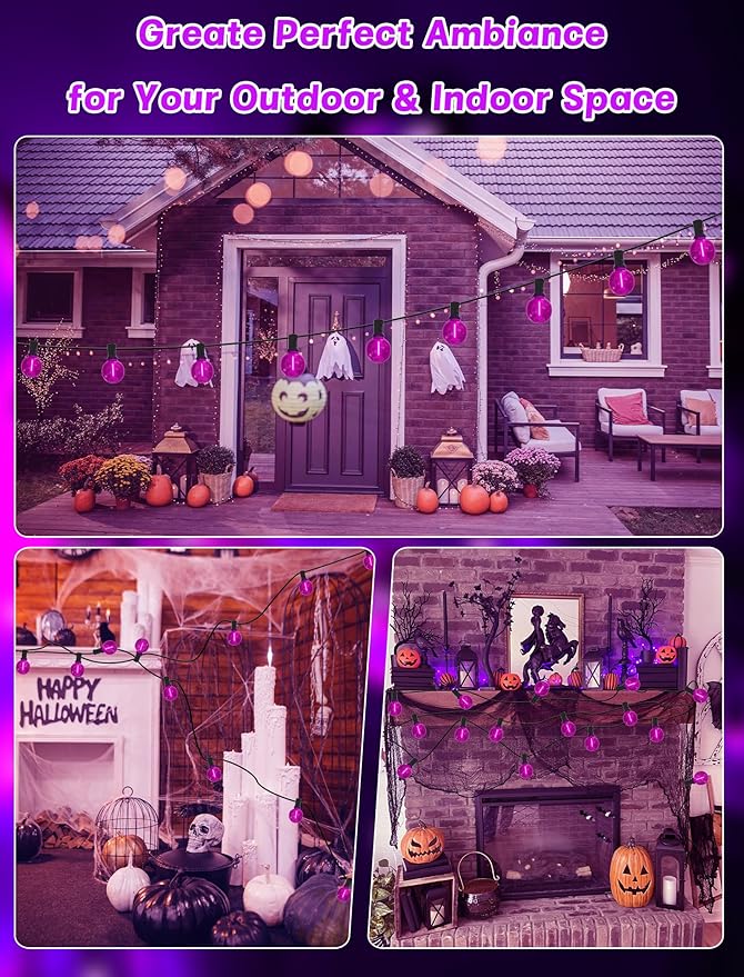 SUNSGNE G40 LED Purple Lights Outdoor, 25 Feet Halloween Purple String Lights with 25 Count Bulbs for Halloween Thanksgiving Indoor Outdoor Party Festival Haunted House Decor