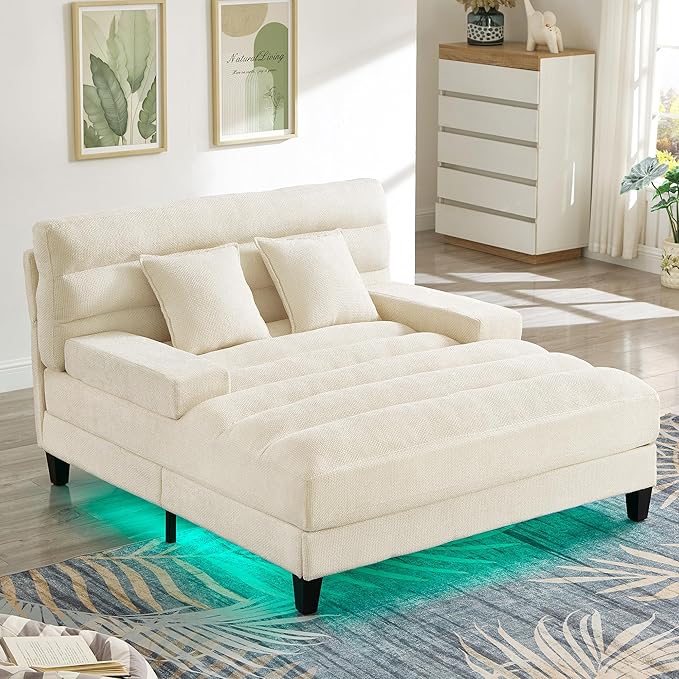 LifeSky Adjustable Chaise Lounge Sofa: 6-Position Reclining Sofa Bed with Smart LED Lighting - 60,000+ Color App-Controlled RGB Light Strip for Living Room & Apartment - Soft Chenille Upholstery Beige