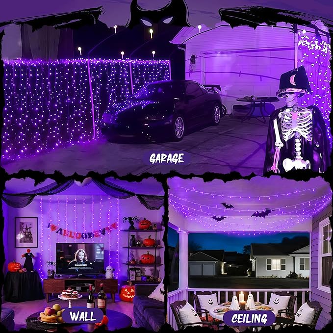 JMEXSUSS 300LED Purple Christmas Lights with Remote, Curtain Hanging Light Plug in, 8 Modes Purple String Lights for Bedroom Window Wall Party Backdrop Halloween Christmas Carnival Decorations