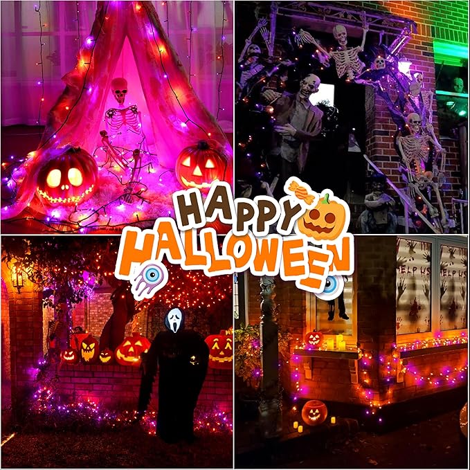 LAMPHOME 33ft Halloween Decorative Mini Lights, 100 LED Transparent Wire Fairy Starry String Lights Plug in, 16 Lighting Modes, for Halloween Decoration Outdoor Party Decoration (Orange and Purple)