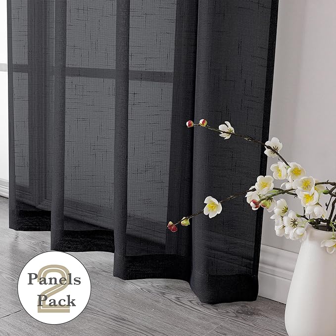 Aiyufeng Kirei Black Sheer Curtains 63 Inch Length 2 Panels, Faux Linen Slub Textured Soft Breathable Rod Pocket Light Filtering Curtain for Living Room Bedroom Kitchen, Each 40Wx63L Inch