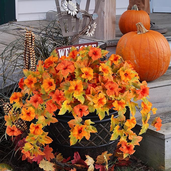 Artificial Fall Flowers Fake Petunias Plants for Outdoor Decoration, 2 Pcs Silk Faux Flowers UV Resistant No Fade Plants for Outside Garden Balcony Yard Porch Realistic Indoor Decor (Orange)