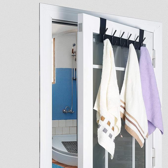 WEBI Over The Door Hook Door Hanger:Over The Door Towel Rack with 6 Coat Hooks for Hanging,Towel Hanger Door Coat Hanger Over Door Coat Rack for Towels,Clothes,Back of Bathroom,Black,2 Packs