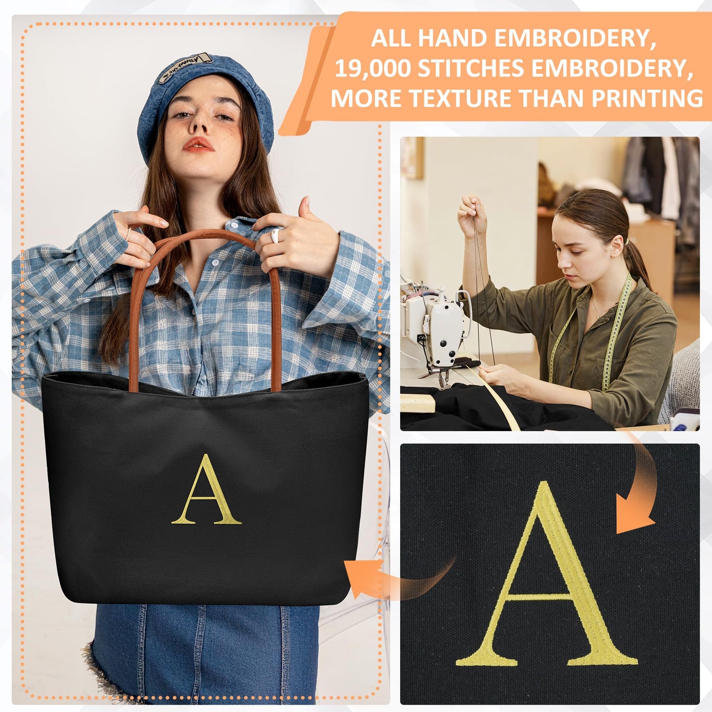 YOOLIFE Personalized Gifts for Women - Birthday Gifts for Women, Teacher Appreciation 30th 40th 50th 60th Birthday Gift for Female Teacher Mom Sister Friend, M Initial Black Canvas Beach Tote Bag