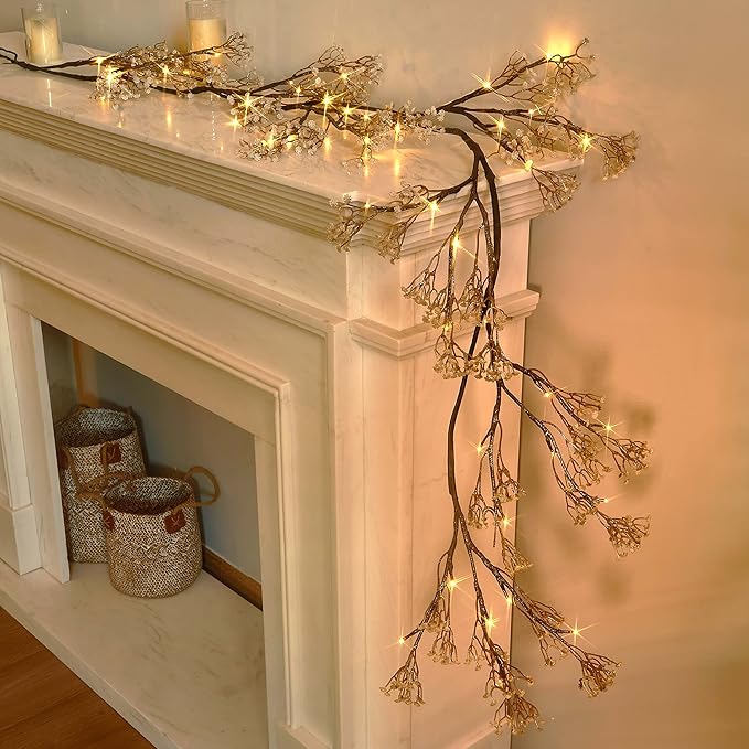 Hairui Lighted Baby Breath Flower Garland Battery Operated with Timer 48L Warm White LED 6FT, Artificial Gypsophila Vine Lights for Thanksgiving Christmas Decor Indoor Outdoor Use