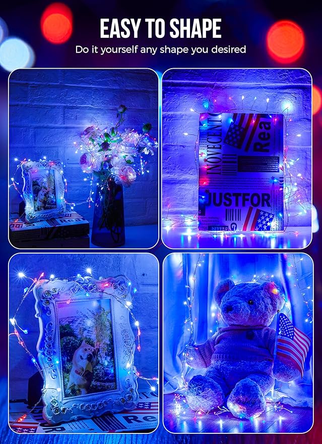 4th of July Decorations Red White and Blue Fairy Lights Battery Operated, 10 Feet 120LEDs Firecracker String Lights with Remote, Twinkle Lights for DIY Wreath Indoor Outdoor Independence Day Decor