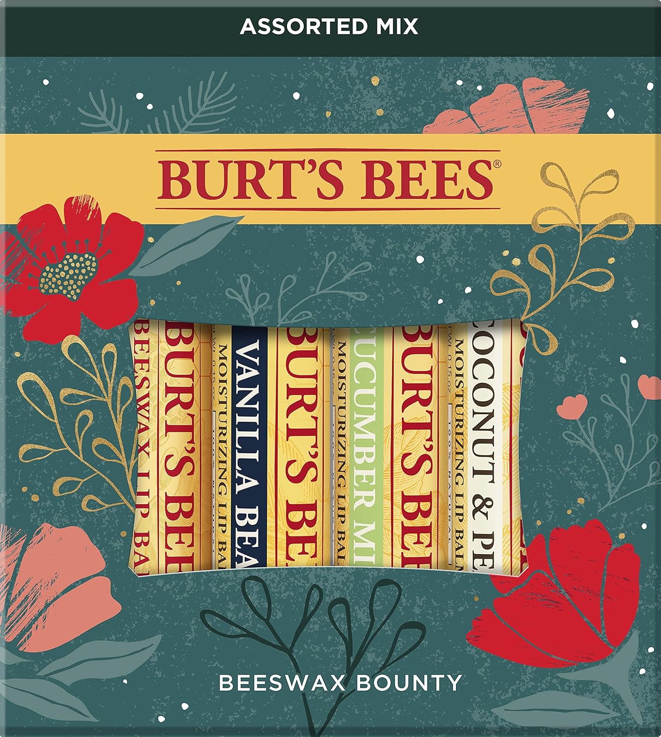 Burtâs Bees Holiday Gift, 4 Lip Balm Stocking Stuffer Products, Beeswax Bounty Assorted Set - Original Beeswax, Vanilla Bean, Cucumber Mint & Coconut Pear (Old Verison)