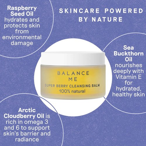 Balance Me Super Berry Face Cleansing Balm, Hydrating Makeup Remover Balm with Raspberry & Cloudberry Oils, Gentle Double Cleanse & Travel Size Facial Cleanser, 3-in-1 Natural Skincare