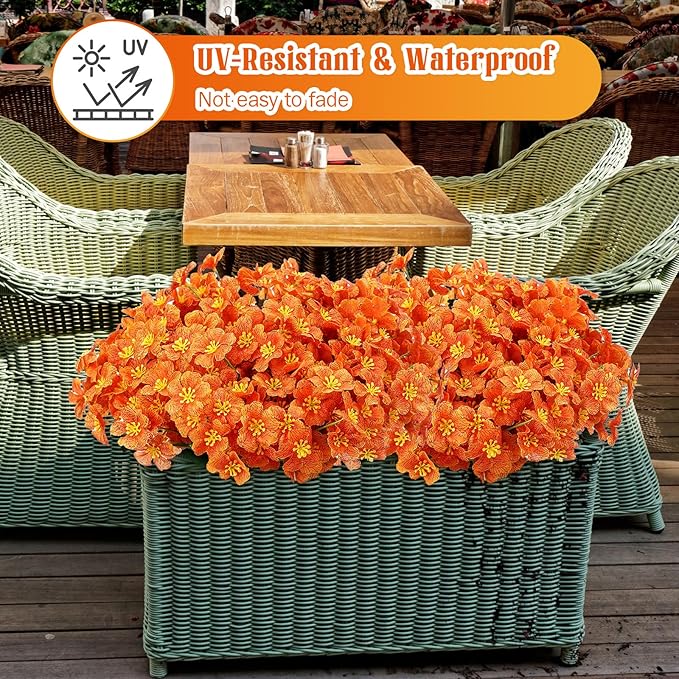 Lyrow 100 Bundles Violet Artificial Flowers, UV Resistant Faux Silk Flowers Outdoor, Fake Violet Bulk for Front Porch Hanging Garden Courtyard Farmhouse Home(Bright Orange)