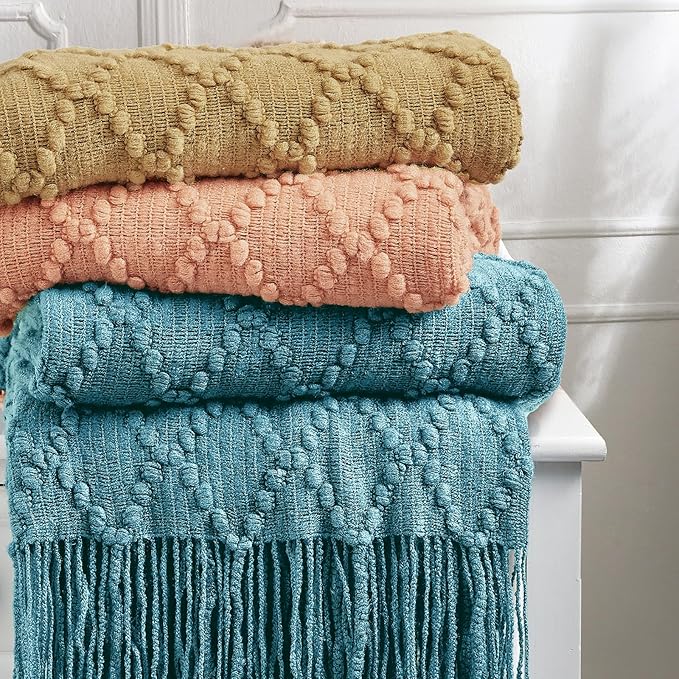 BOURINA Mustard Throw Blanket 50 x70 Inches Jacquard Argyle Throw Textured Solid Soft Throws and Blankets for Sofa or Bed Knitted Decorative Blanket