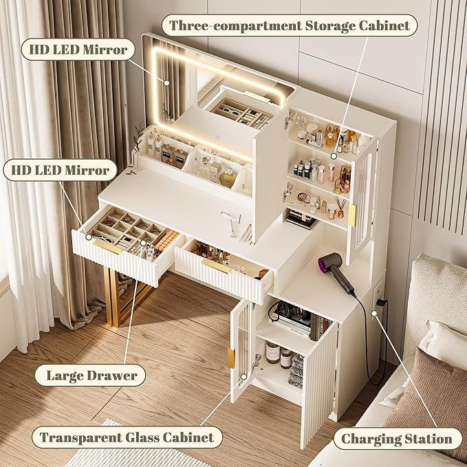 44" Modern Makeup Vanity Desk with Mirror and Lights, Makeup Vanity with 5 Shelves& 2 Drawers and Cabinet, Vanity Table with Power Outlet, 3 Color Adjustable Lighting Dressing Table Set for Bedroom