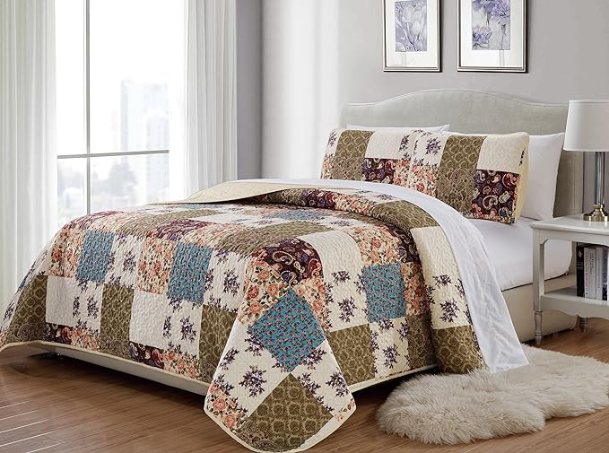 Fancy Collection Quilted Bedspread Coverlet New(Full/Queen, Beige Green Turquoise Purple Floral)