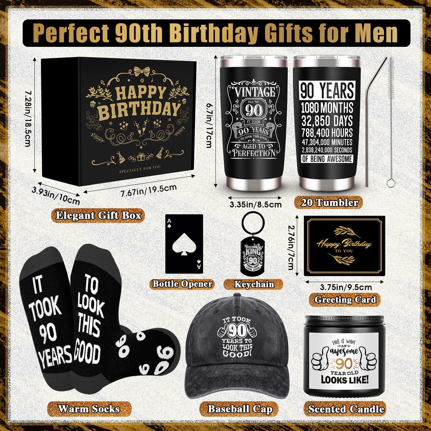 JTAMOHI 90th Birthday Gifts for Men - Unique Box with 20 Oz Tumbler, Scented Candle, Socks, Baseball Cap for Husband, Dad, Grandpa, Friends, Teachers, Boss